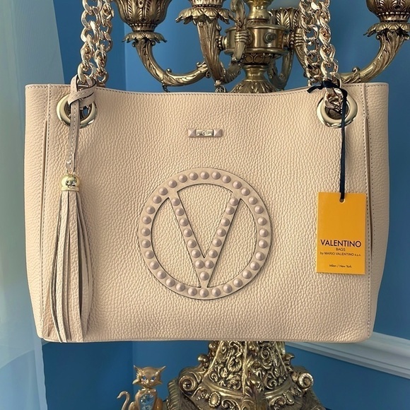 Brand New Valentino Luisa Rock Leather Chain Shoulder Bag Creamy Mousse Studded - Picture 4 of 16